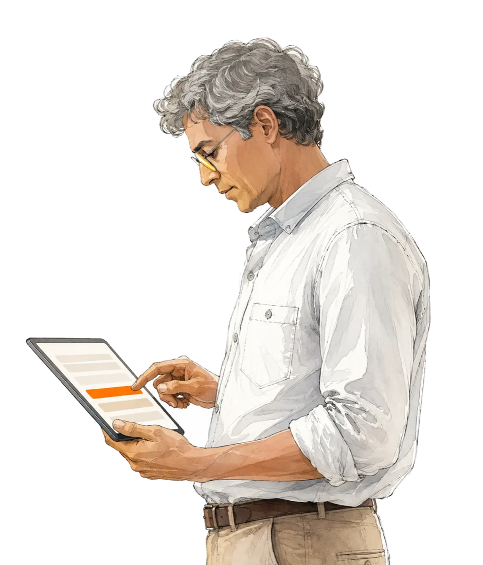 A watercolour illustration of a person holding a tablet, one row on its screen picked out in orange